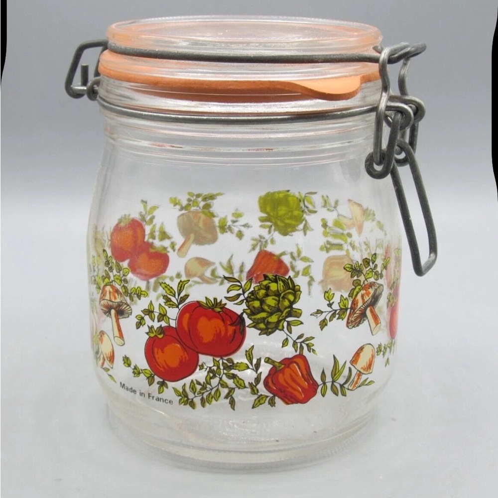 Vtg ARC France Spice Of Life Glass Jar Canister Mushroom Veggie Bail Hinged Lid
